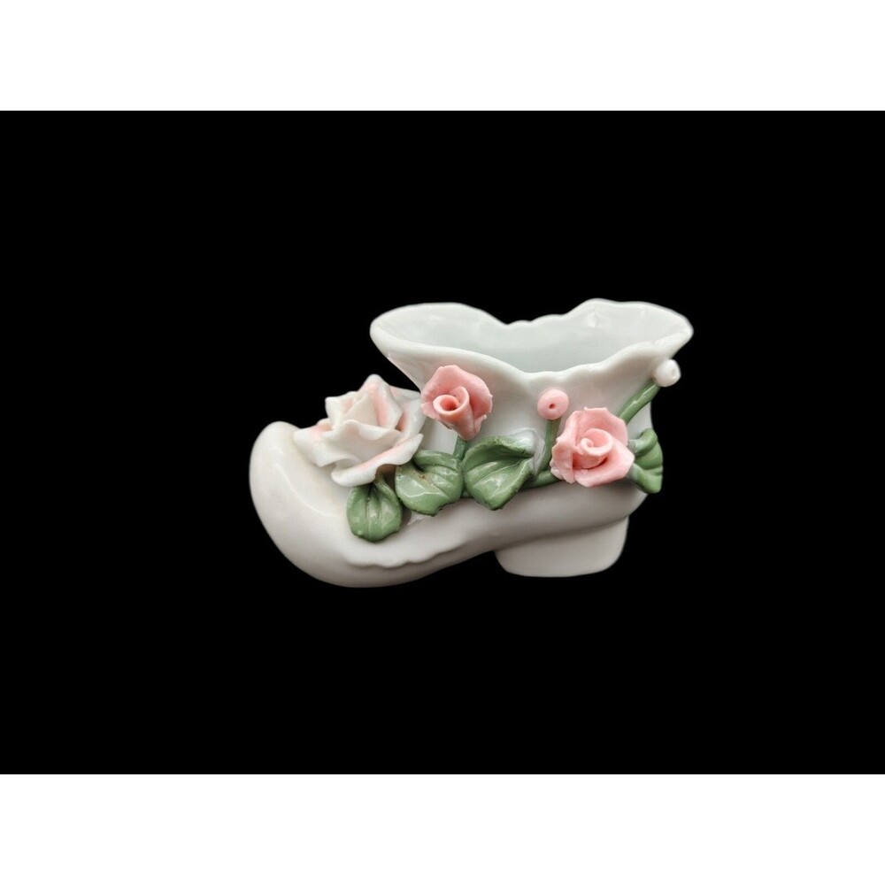 Vintage Porcelain Boot Shoe Figurine Handcrafted Pink Roses Ceramic 3.75 Inch